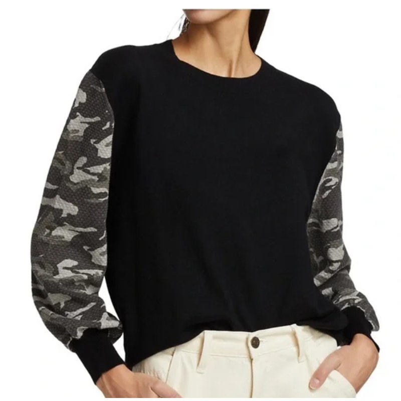 Monrow Black Sweater With Camo Sleeves Women's X-Large Casual Lounge At Home